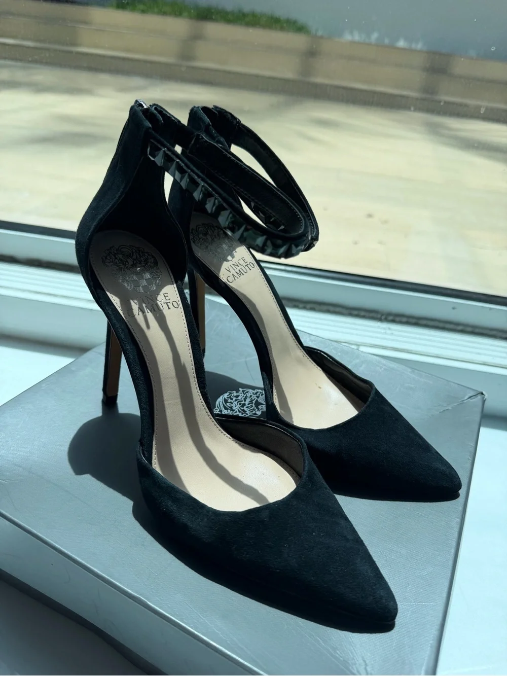 Vince Camuto Black Suede Pointed-Toe Ankle-Strap Heels
